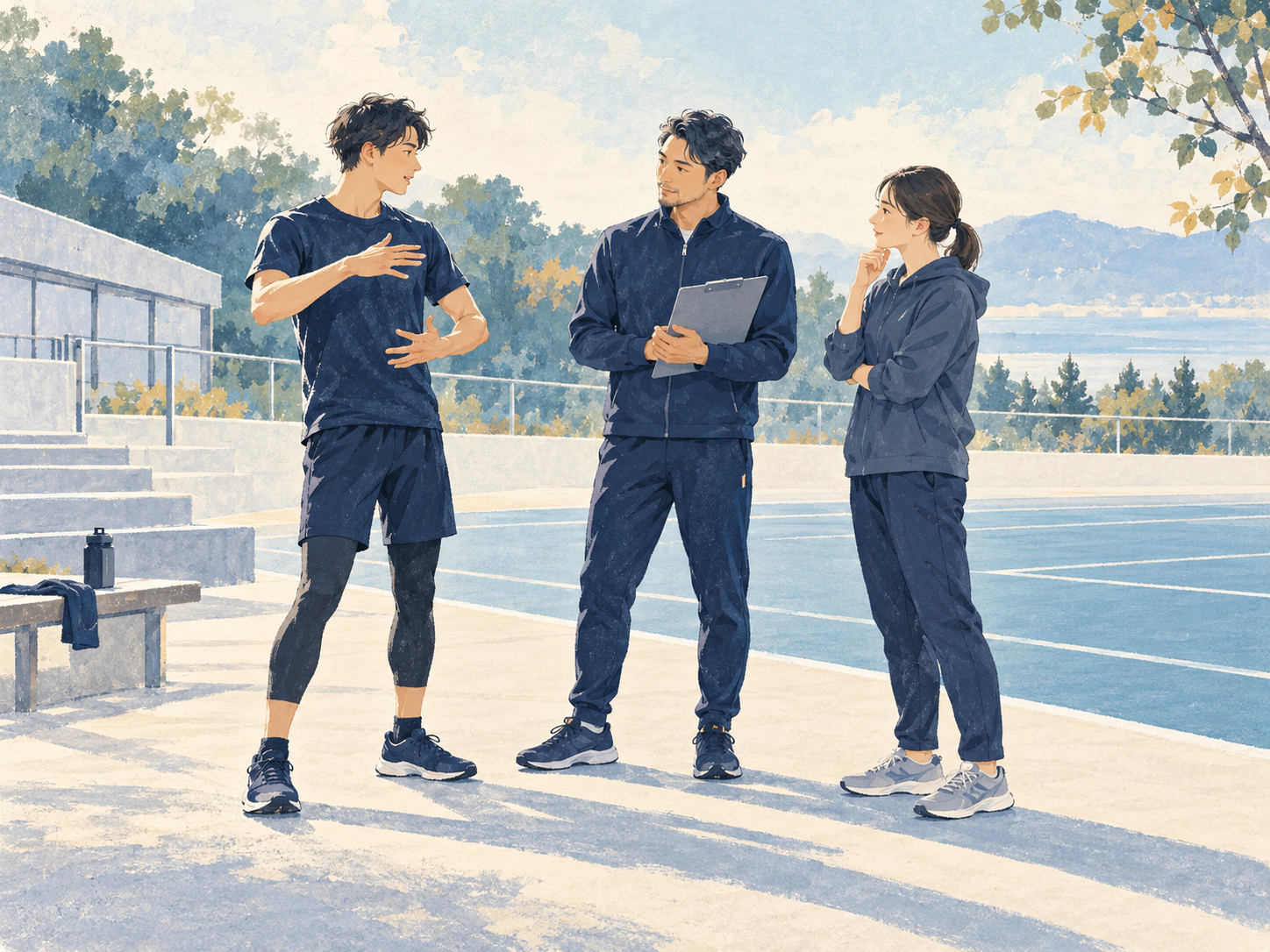 選手とスタッフが対話するイラスト